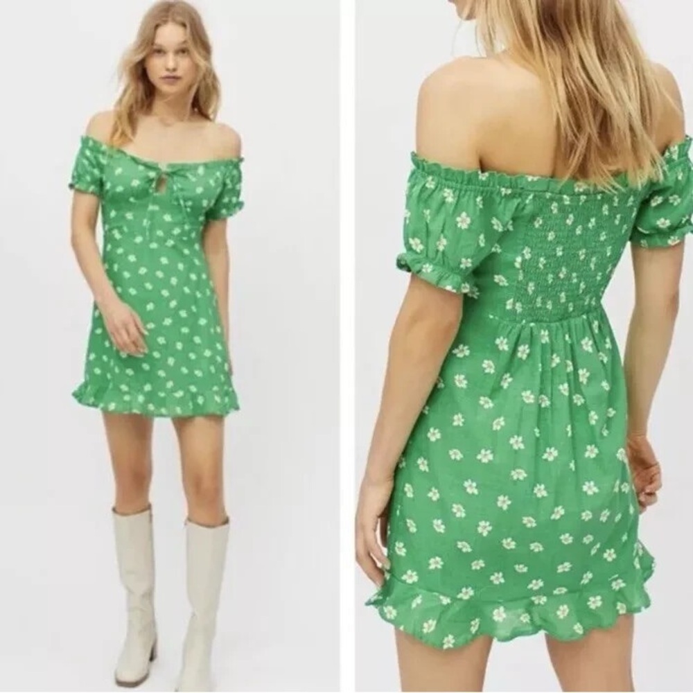 Urban Outfitters Womens Green Daisy Floral Flounce Mini Dress Tie Front -‎ Sz M